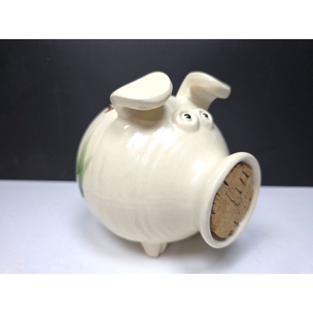 Vtg. Stonewear Pottery Piggy Bank Cork Nose Hand Painted Ceramic 4" X 4" Hog